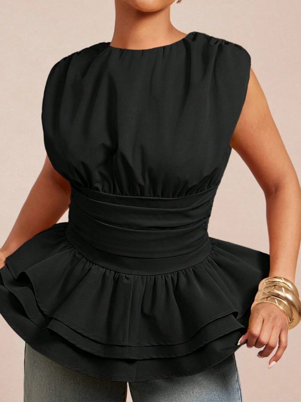 Black Casual Women's Woven Round Neck Ruched Sleeveless Layered Peplum Hem Top